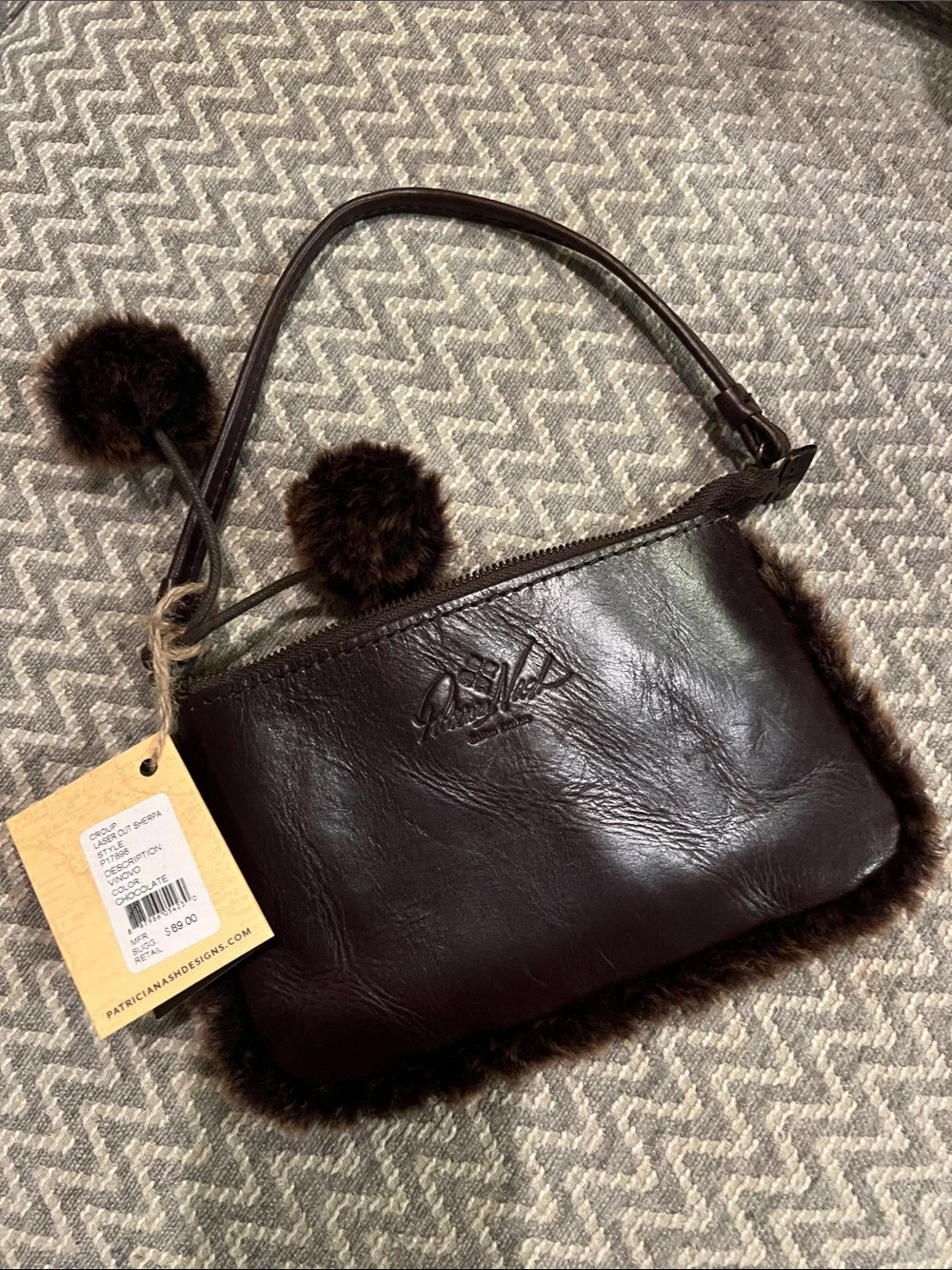 Patricia Nash Dark Brown Leather Clutch with Fur Trim